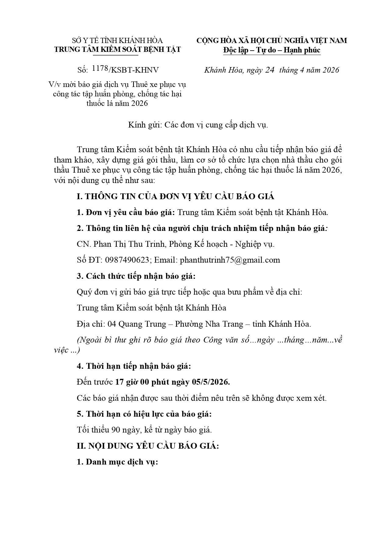 V/v mời báo giá dịch vụ Thuê xe phục vụ  công tác tập huấn phòng, chống tác hại  thuốc lá năm 2026